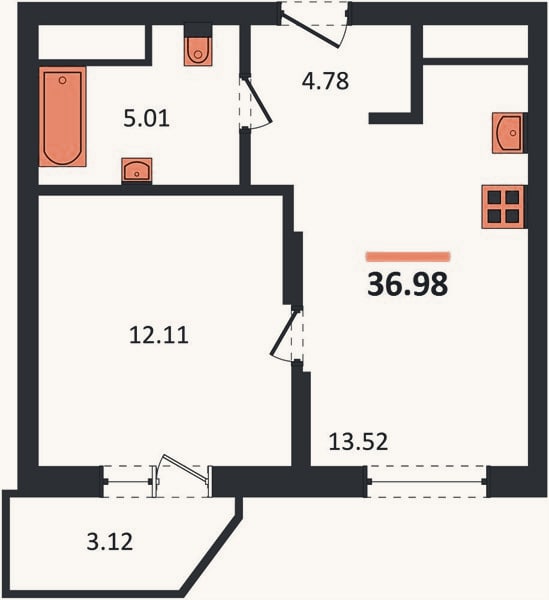 Планировка: 1-к, 37 м²