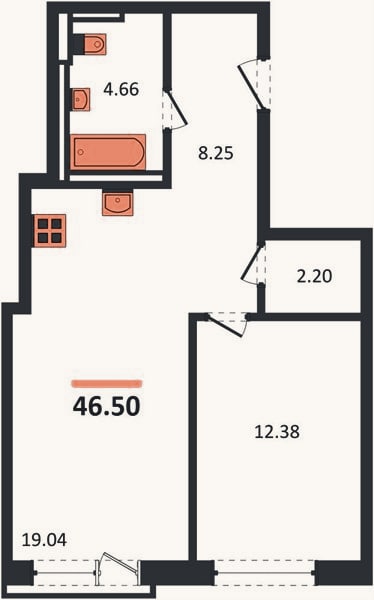 Планировка: 1-к, 46,5 м²