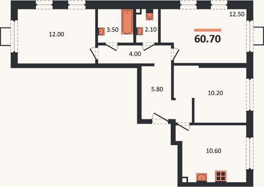 Планировка: 3-к, 60,7 м²