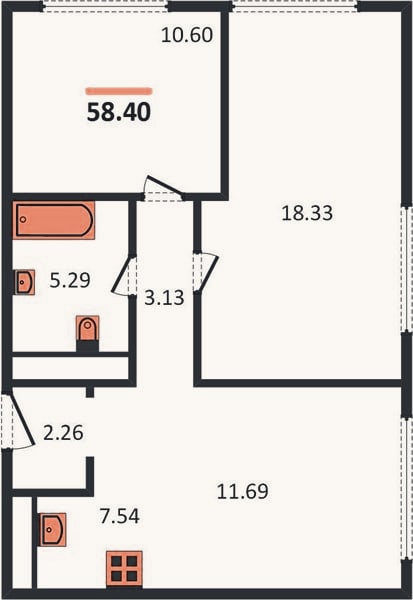 Планировка: 2-к, 58,4 м²