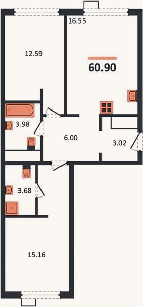 Планировка: 2-к, 60,8 м²