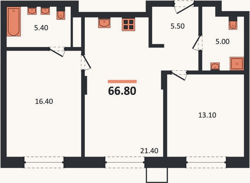 Планировка: 2-к, 66,8 м²
