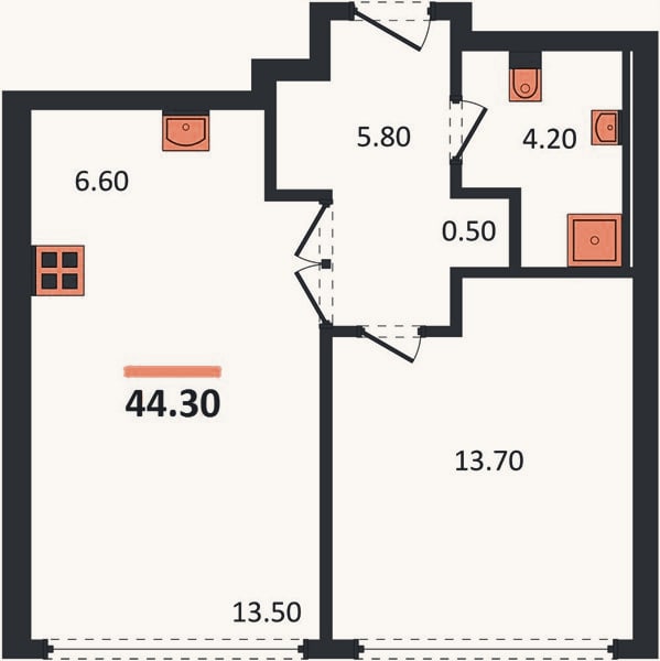 Планировка: 1-к, 44,3 м²