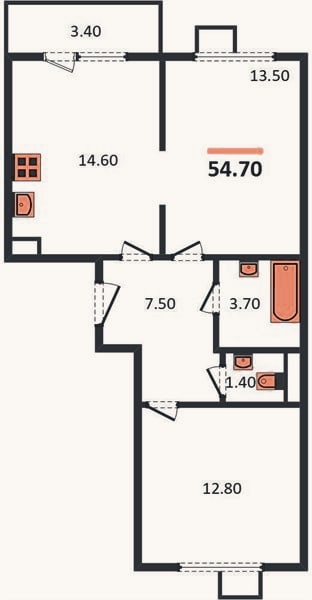 Планировка: 2-к, 54,7 м²