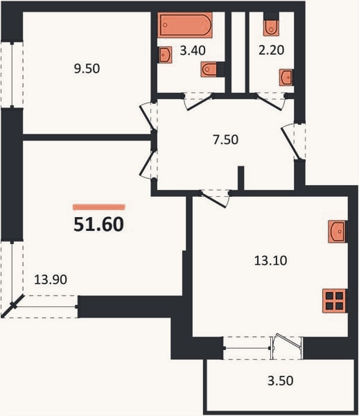 Планировка: 2-к, 51,6 м²