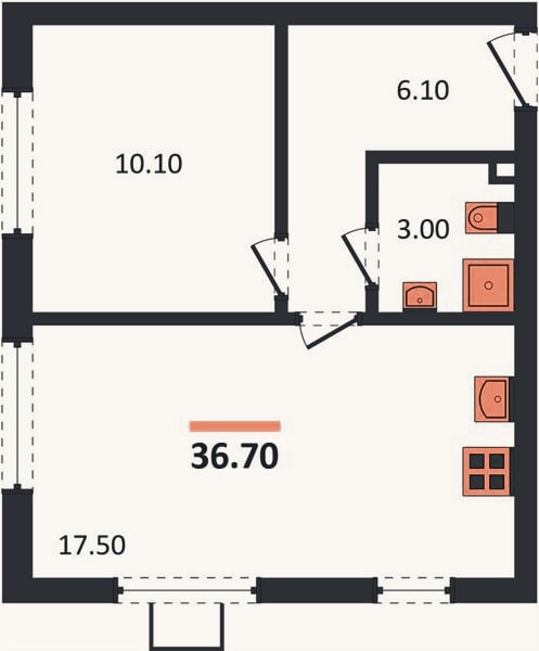 Планировка: 1-к, 36,7 м²
