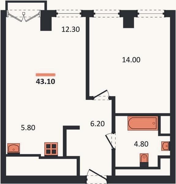 Планировка: 1-к, 43,1 м²