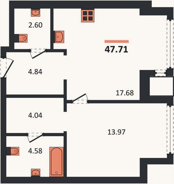 Планировка: 1-к, 47,7 м²