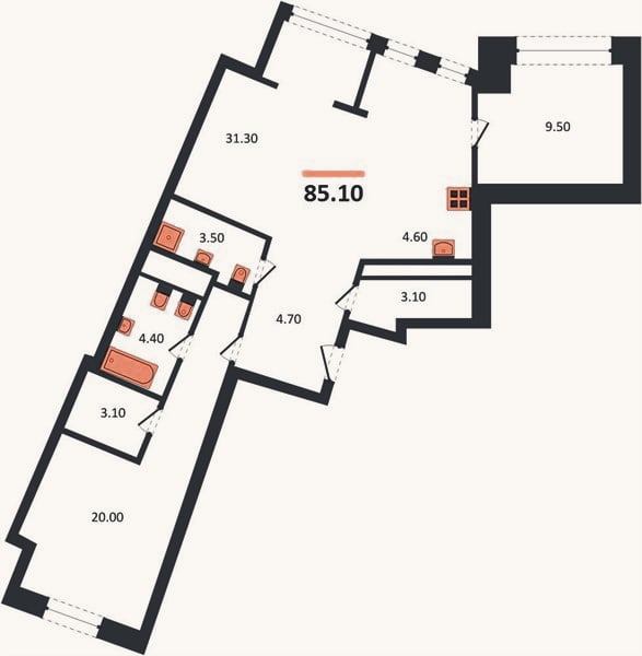Планировка: 3-к, 85,1 м²