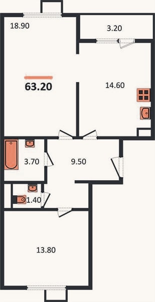 Планировка: 2-к, 63,2 м²