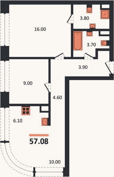 Планировка: 2-к, 57,1 м²