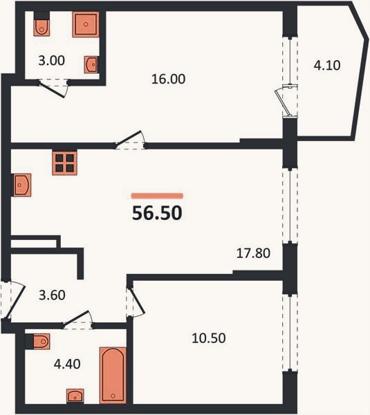 Планировка: 2-к, 56,5 м²