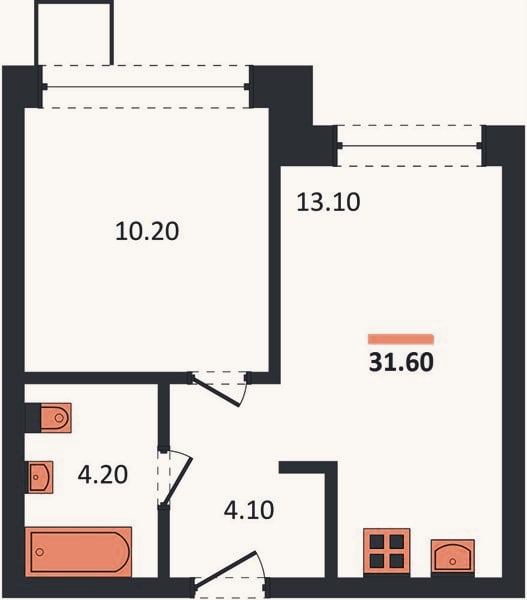 Планировка: 1-к, 31,6 м²