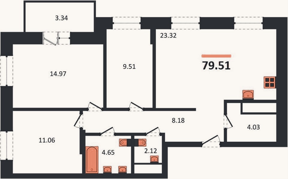 Планировка: 3-к, 79,5 м²