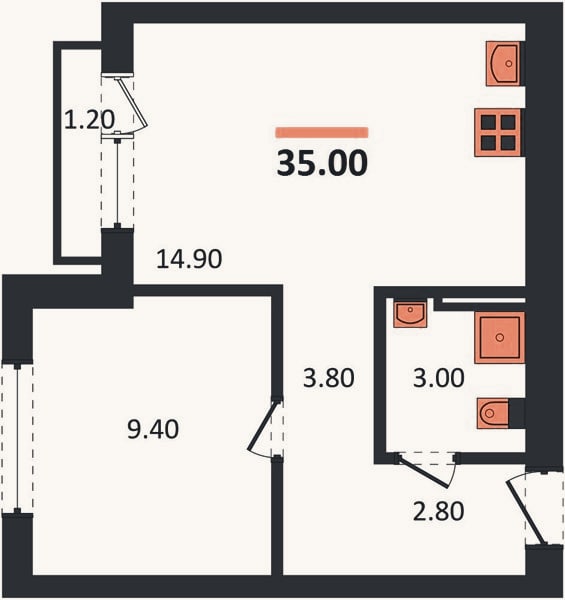 Планировка: 1-к, 35 м²