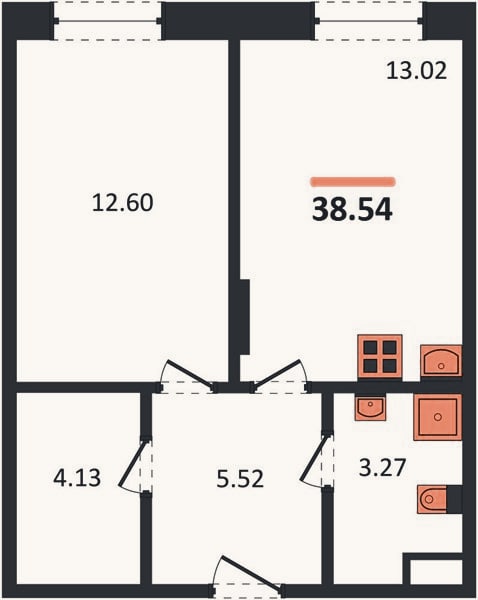 Планировка: 1-к, 38,5 м²