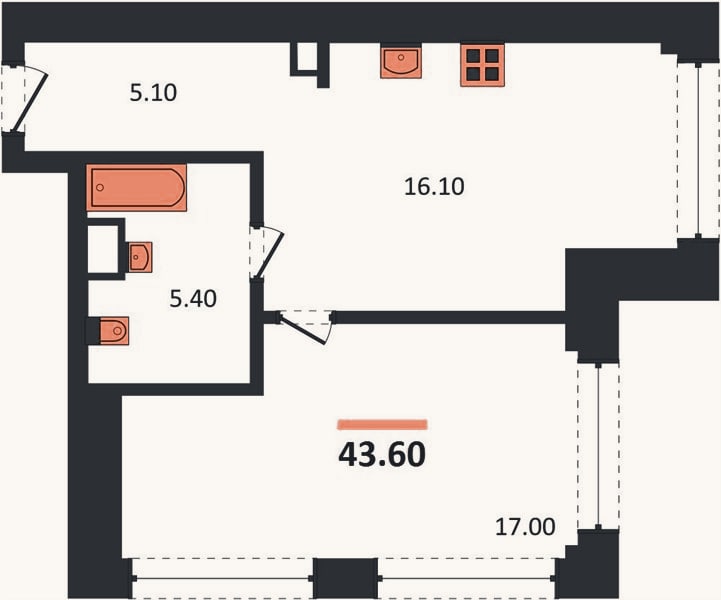 Планировка: 1-к, 43,6 м²