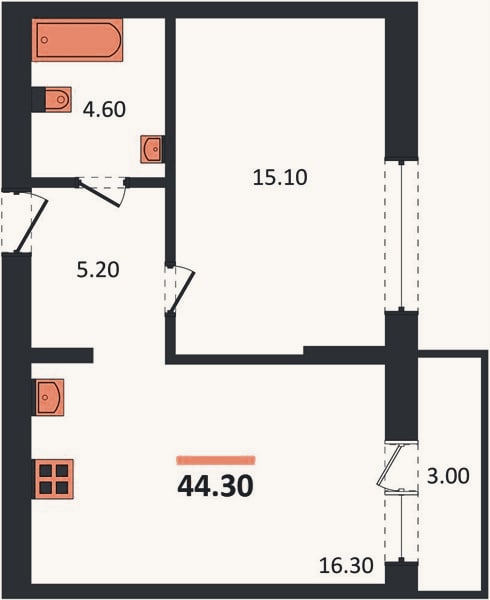 Планировка: 1-к, 44,3 м²