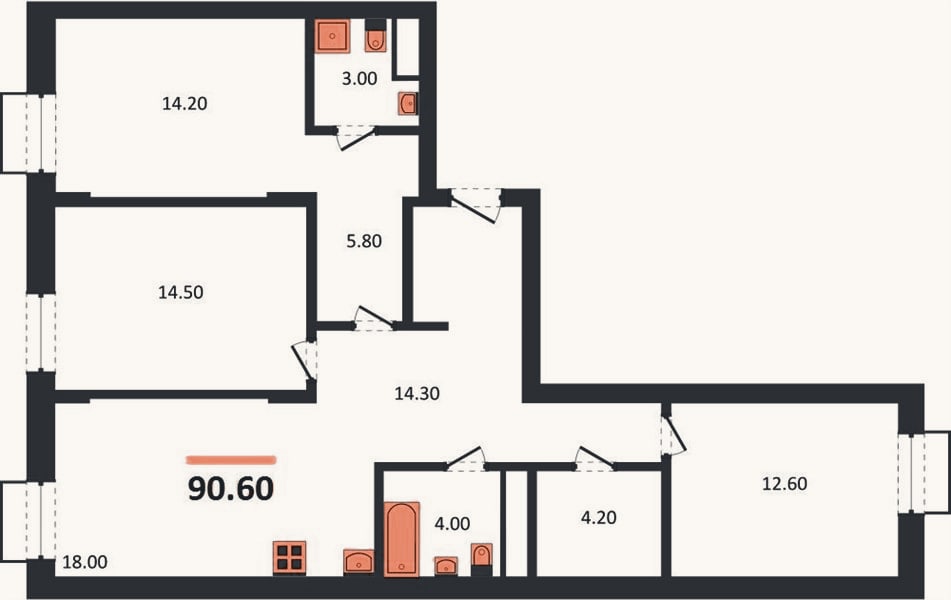 Планировка: 3-к, 90,6 м²
