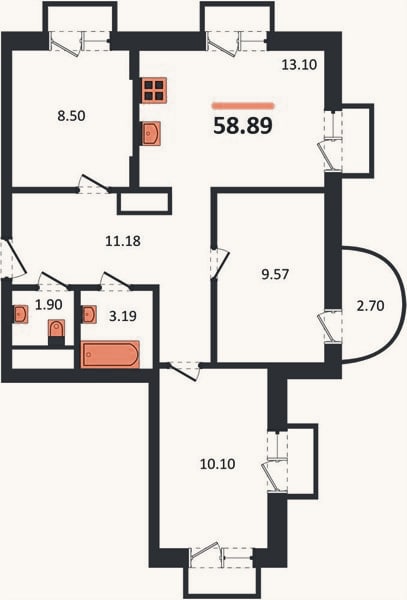 Планировка: 3-к, 58,9 м²
