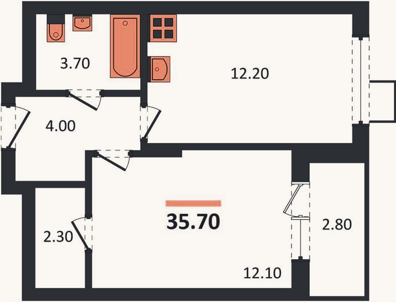 Планировка: 1-к, 35,7 м²