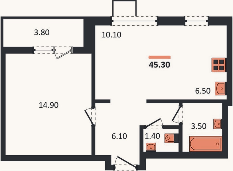 Планировка: 1-к, 45,3 м²