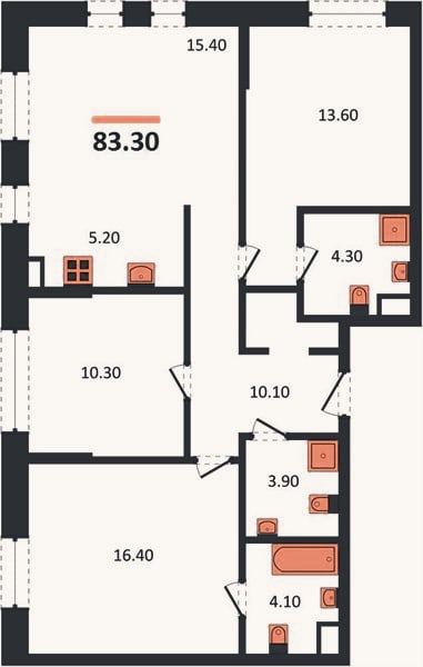 Планировка: 3-к, 83,3 м²