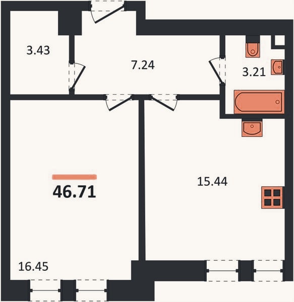 Планировка: 1-к, 46,7 м²