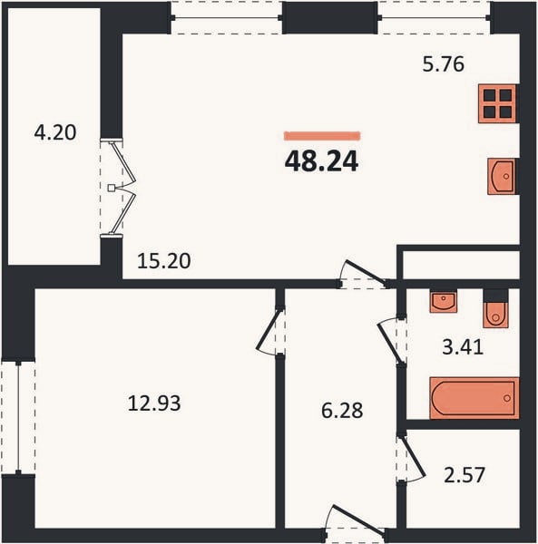 Планировка: 1-к, 48,2 м²