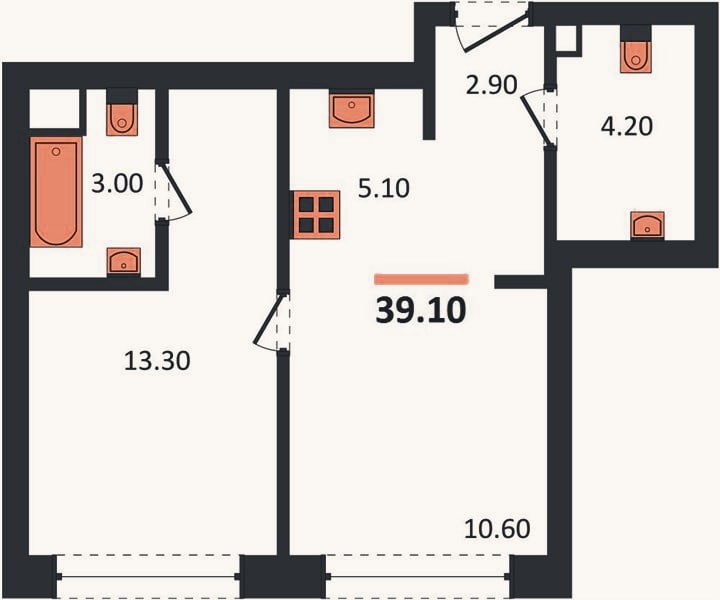 Планировка: 1-к, 39,8 м²