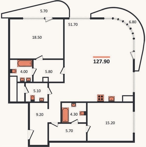 Планировка: 2-к, 127,9 м²