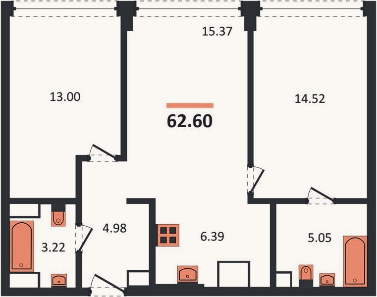 Планировка: 2-к, 62,6 м²
