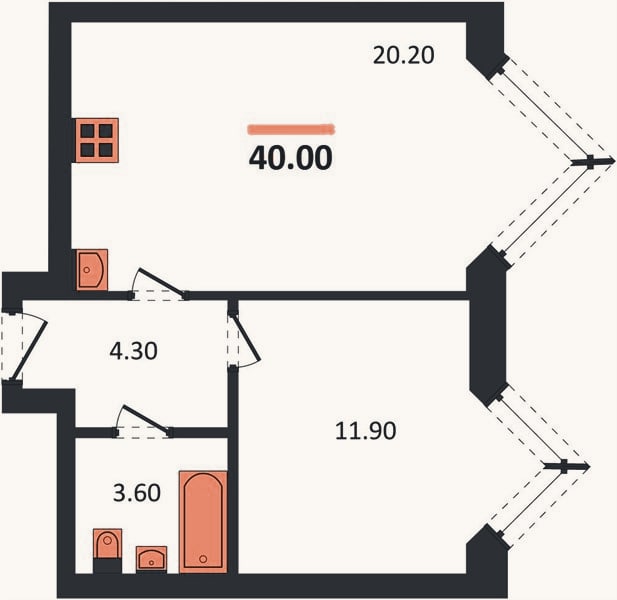 Планировка: 1-к, 40 м²
