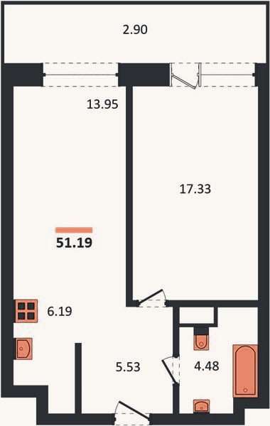 Планировка: 1-к, 51,2 м²