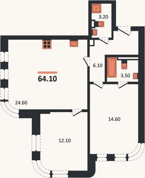 Планировка: 2-к, 64,1 м²