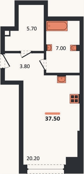Планировка: Студия, 37,5 м²