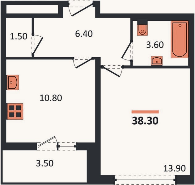 Планировка: 1-к, 38,1 м²