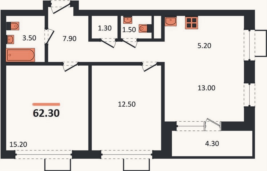 Планировка: 2-к, 62,3 м²