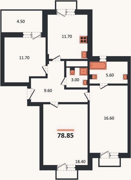 Планировка: 3-к, 78,9 м²