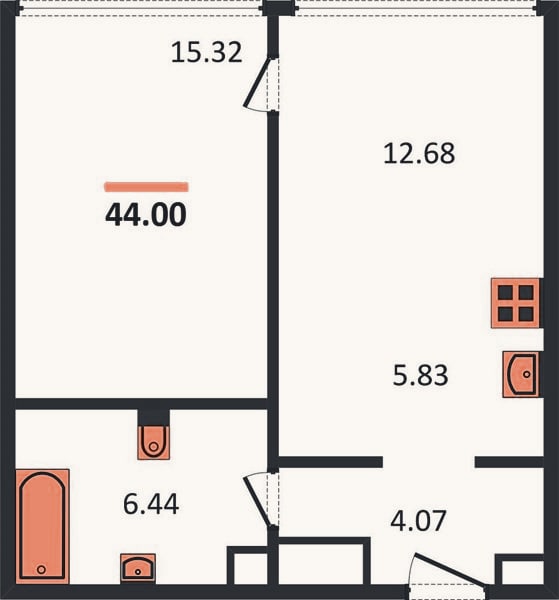 Планировка: 1-к, 44 м²