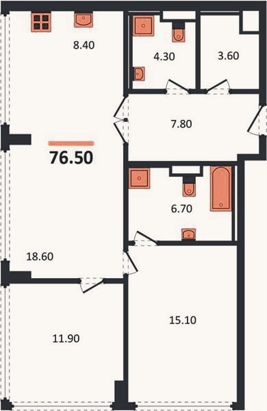 Планировка: 2-к, 76,5 м²