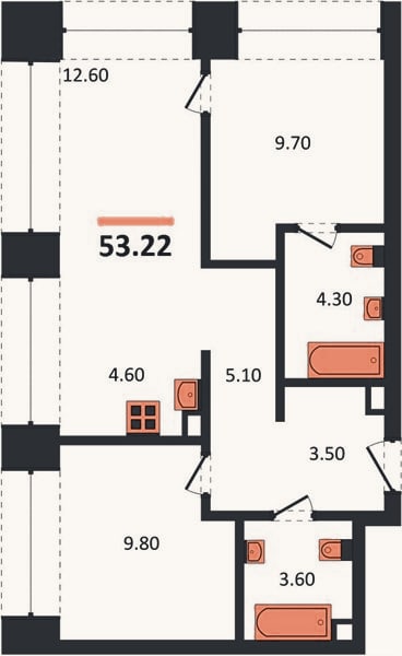 Планировка: 2-к, 53,2 м²