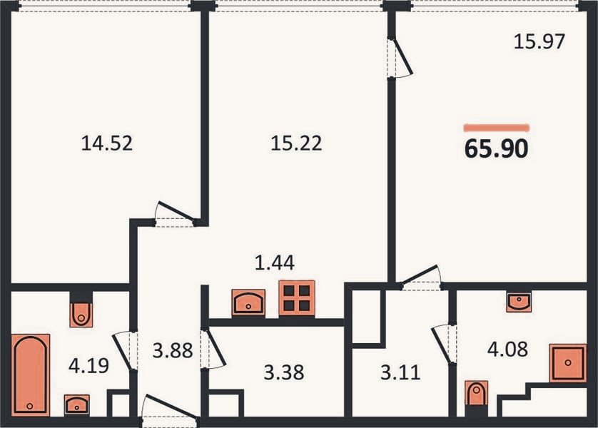 Планировка: 2-к, 65,9 м²