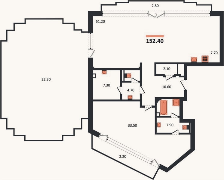 Планировка: 1-к, 152,4 м²