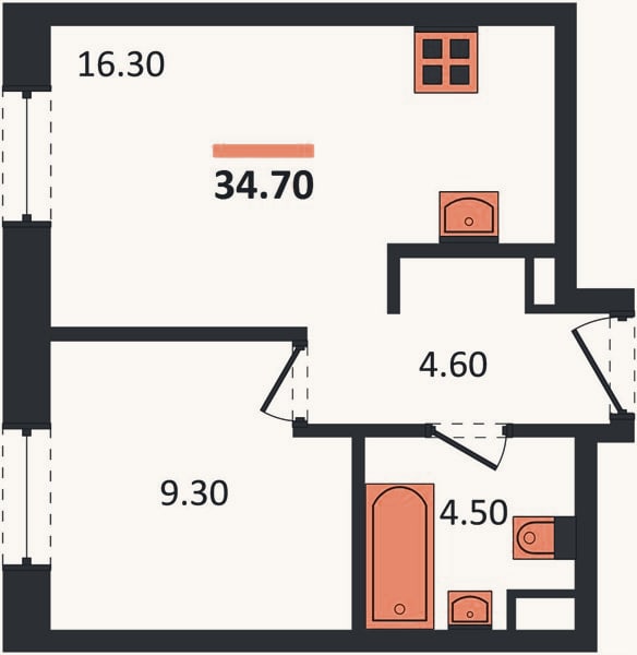 Планировка: 1-к, 34,7 м²