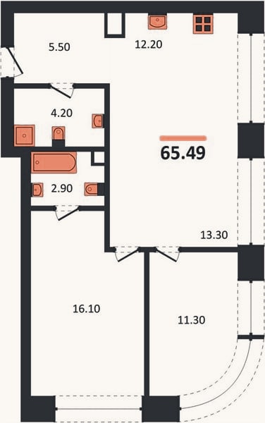 Планировка: 2-к, 65,5 м²