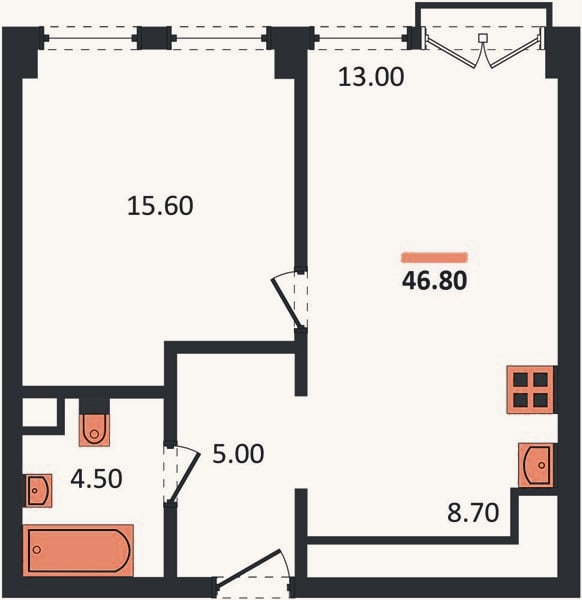 Планировка: 1-к, 46,8 м²
