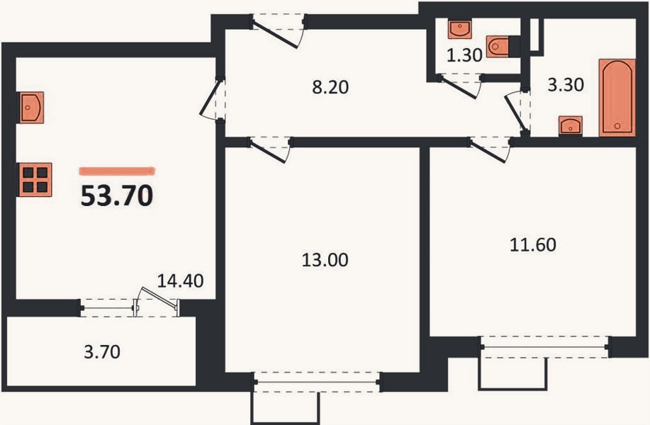 Планировка: 2-к, 53,7 м²