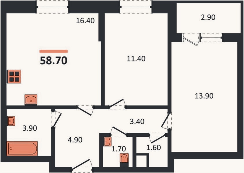 Планировка: 2-к, 58,7 м²