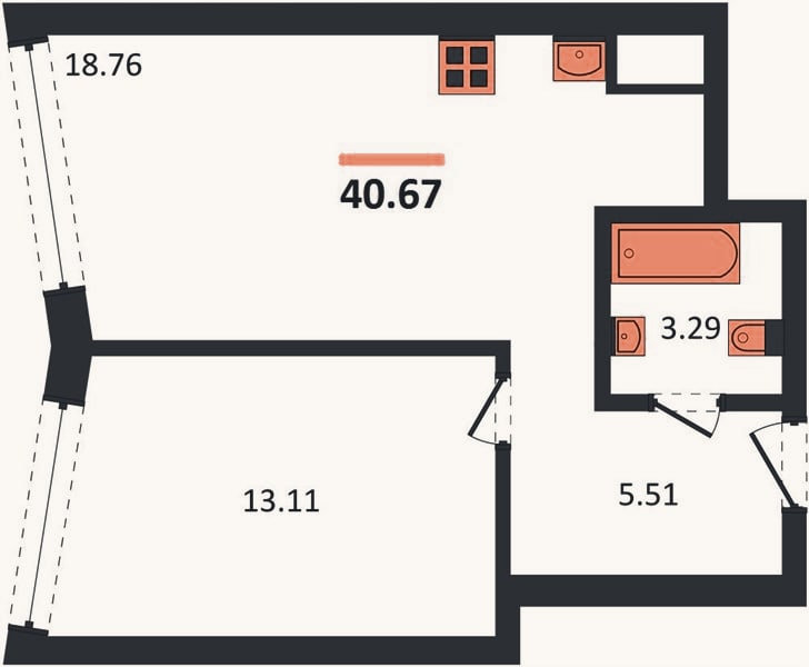 Планировка: 1-к, 40,7 м²